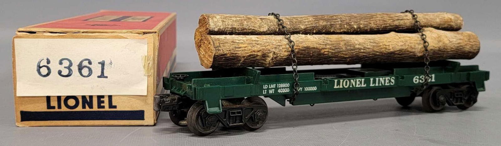 Mint Lionel postwar O 6361 log car in an overstickered box (1 of 9)