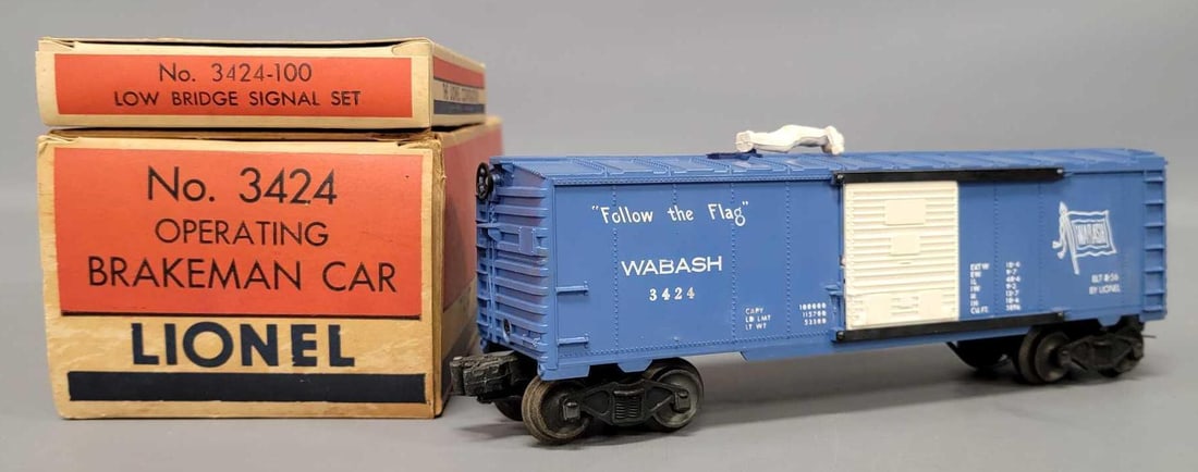 Lionel postwar O 3424 operating brakeman car in original box: Lionel postwar O 3424 operating brakeman car in original box. Car shows very light run time and is C7-8 with a white pickup shoe and a 3424-100 low bridge signa set in an excellent original box but is