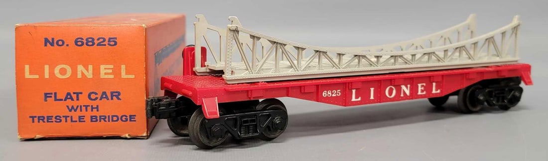 Unrun Lionel postwar O 6825 flat car with trestle bridge in BRICK original box (1 of 8)