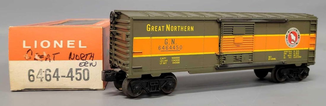 Unrun Lionel postwar O 6464-450 type IV Great Northern box car in cellophane window original box (1 of 9)