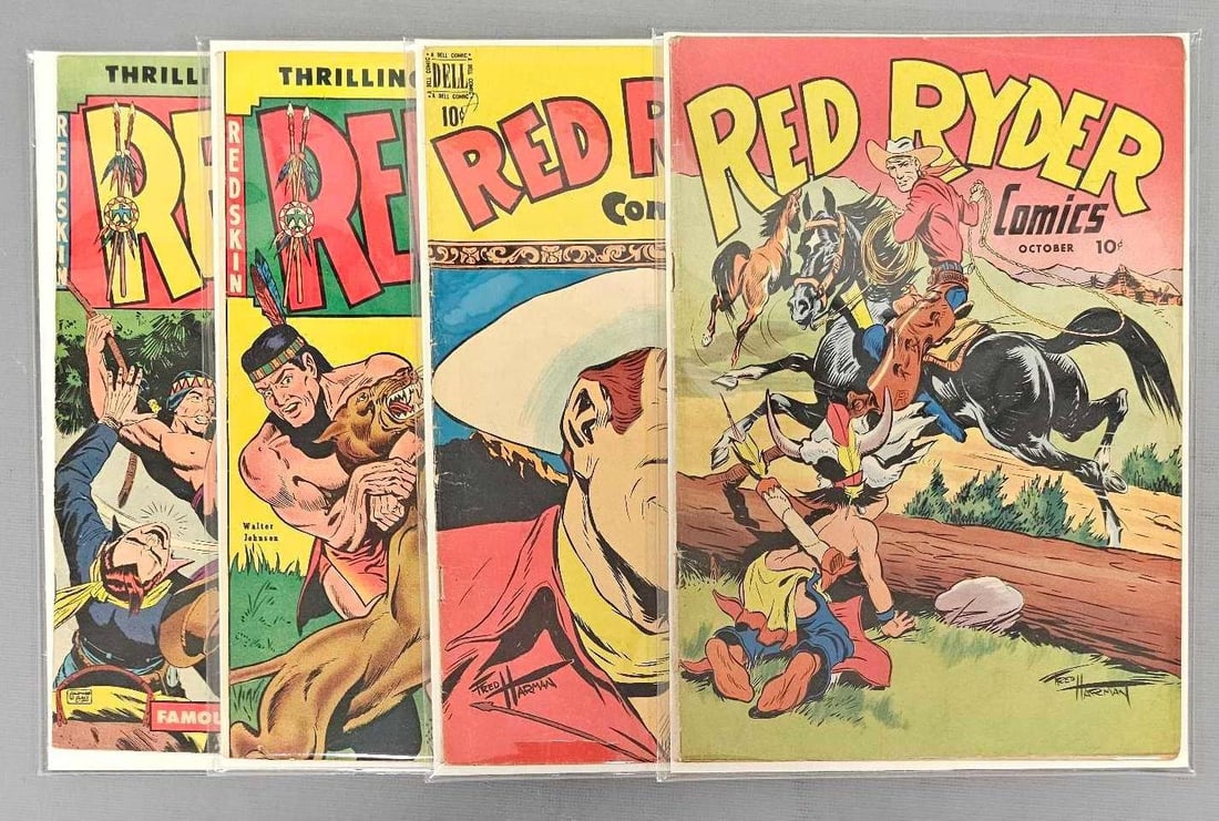 Four Golden Age Comics: Red Ryder 39 moderate edge wear, cover loose. 66 corners chipped, spine wear. Redskin 3 coupon cut from back cover. Redskin 9 light wear, staples are tight as seen in the photos.