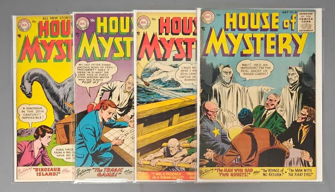 Two House of Mystery Comics: House of Mystery 38 cover split on top to bottom staple. 39 one inch split bottom spine, edge chipping. 40 moderate spine wear, nice gloss. 41 edge chipping, cover loose as seen in the photos.