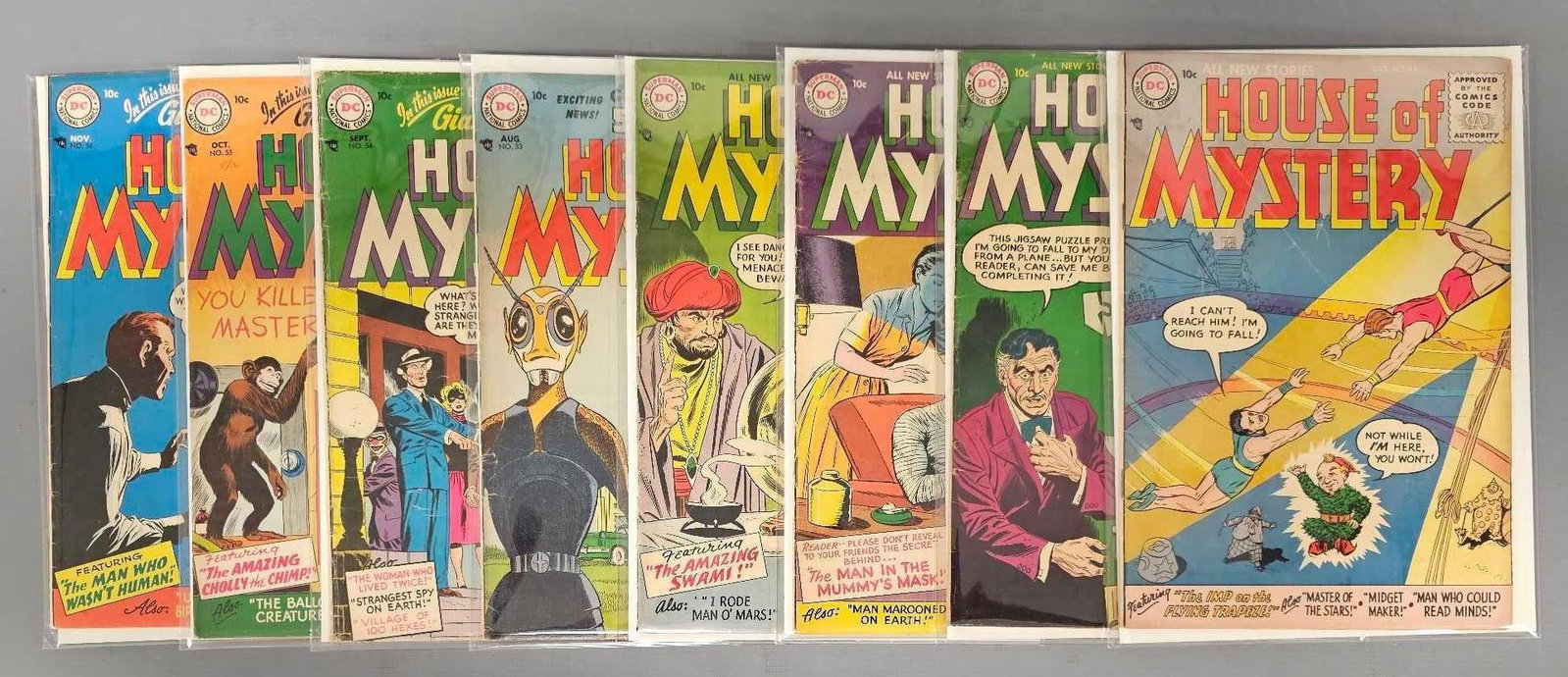 Eight House of Mystery Comics: House of Mystery 43 worn lower grade. 44 moderate spine and edge wear, cover loose. 48 low grade with tears. 53 bottom cover split to staple. 54 heavy wear and creasing. 55 half inch tear bottom spine