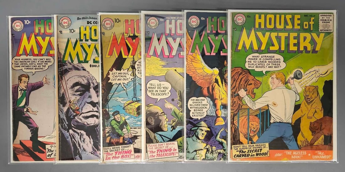 Six House of Mystery Comics: House of Mystery 57 lower grade with chipping and stains. 59 bottom spine split to staple. 60 light edge wear, nice gloss. 61 edge chipping and tears. 62 spine wear and spine roll. 63 light spine wear