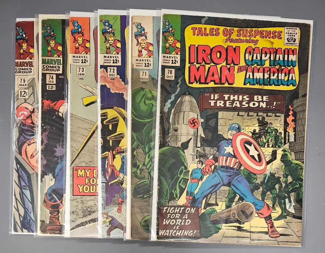 Six Tales of Suspense Comics: Tales of Suspense 70, 74 mid grade. 71, 72 moderate edge wear. 73 mid grade, color lift. 75 1st Batrok, 1st Sharon Carter, mid grade.