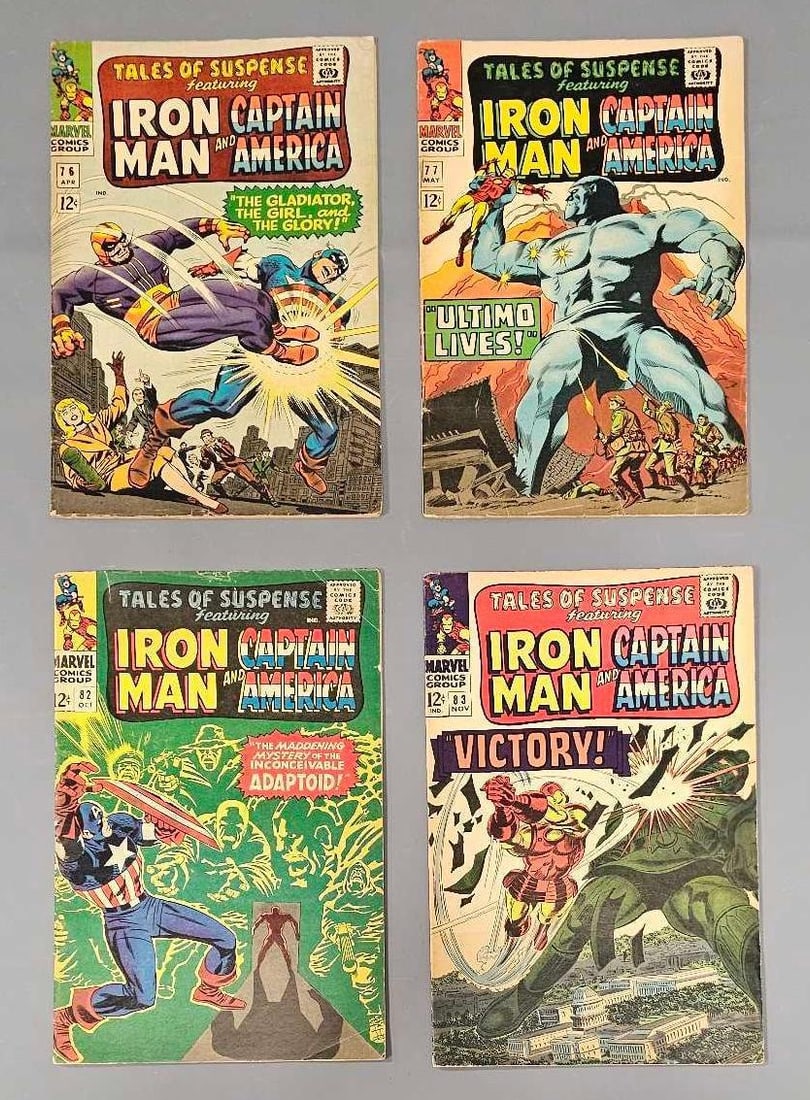 Four Tales of Suspense Comics: Tales of Suspense 76 Ultimo cameo, moderate edge wear. 77 1st Peggy Carter, 1st Ultimo, mid grade. 82 1st Adaptoid, mid grade. 83 1st Tumbler, moderate edge wear as seen in the photos.