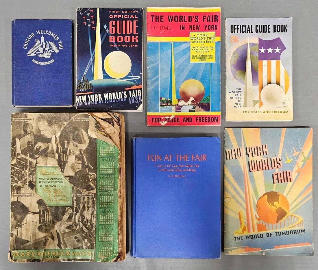 Group of ephemera from the Chicago and New York World's Fairs: Group of ephemera from 1939-1940 New York Worlds Fair and 1933 Chicago Worlds Fair guide books information 1933 Sears Roebuck and Company Boston Catalog in very good to excellent condition as seen in 