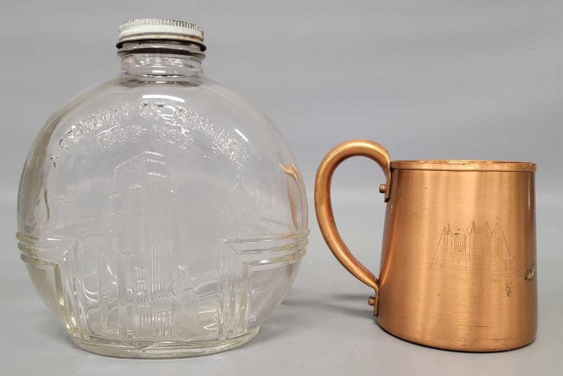1933 Chicago Worlds Fair Century of Progress Bottle and 1934 Chicago Worlds Fair Solid Copper Cup (1 of 6)