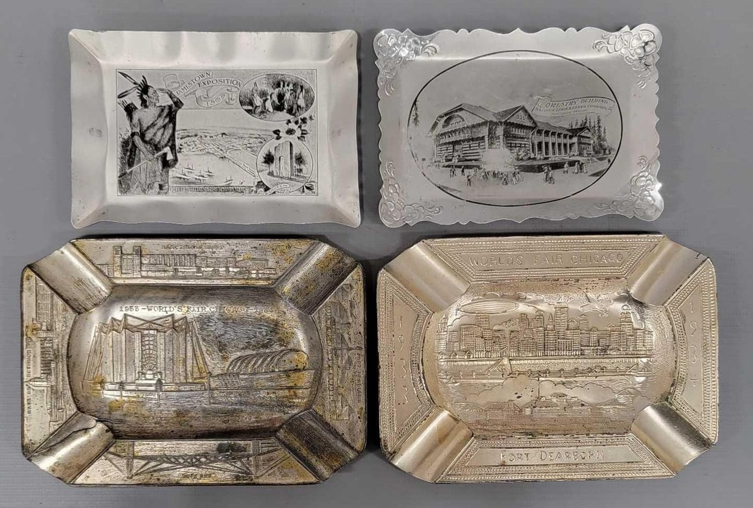 Four Metal Ashtrays from Chicago Worlds Fair Lewis and Clark Exposition Jamestown Exposition: Four Metal Ashtrays from Chicago Worlds Fair Lewis and Clark Exposition Jamestown Exposition to include two Chicago Worlds Fair rectangle metal ashtrays one Lewis and Clark Exposition light metal asht