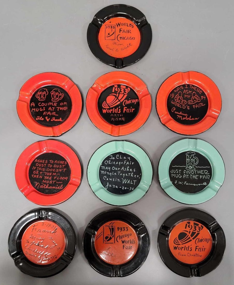 Ten 1933 Chicago Worlds Fair Century of Progress Personalized ashtrays: Ten 1933 Chicago Worlds Fair Century of Progress personalized ashtrays in very good to excellent condition as seen in the photos.