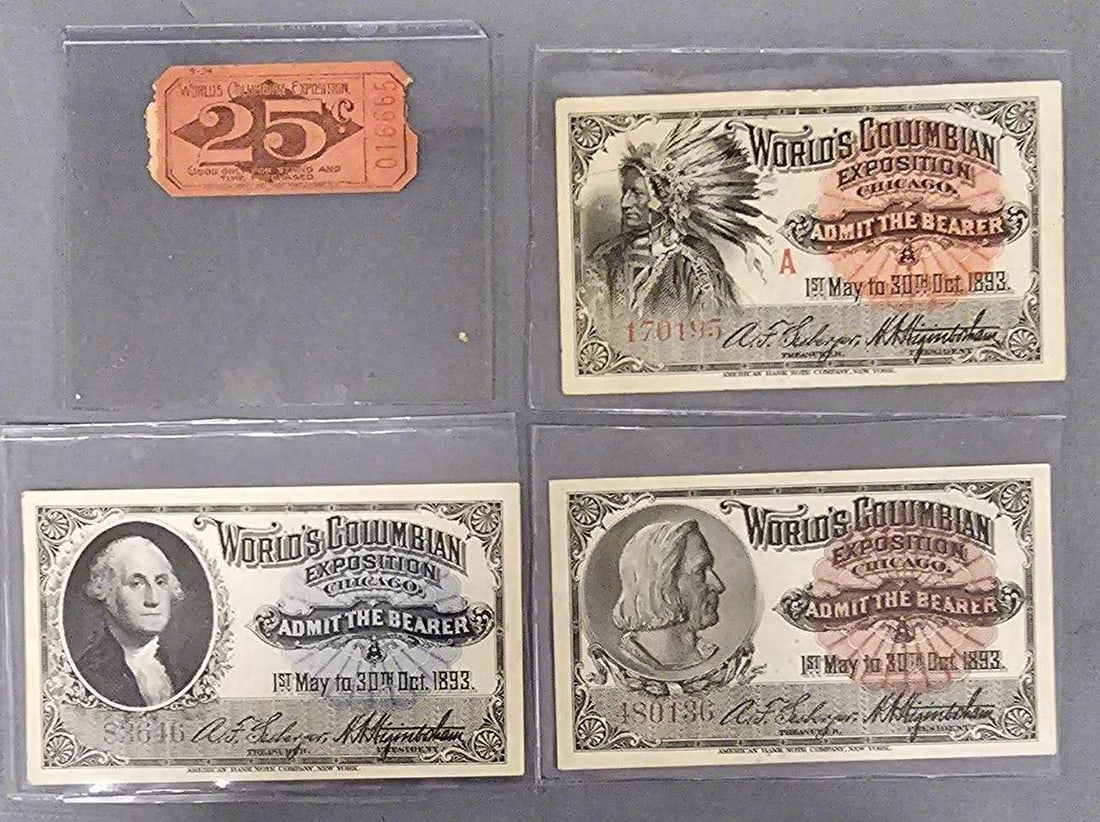 Three 1893 World's Columbian Exposition admission ticket stubs Washington Columbus and Indian A (1 of 8)