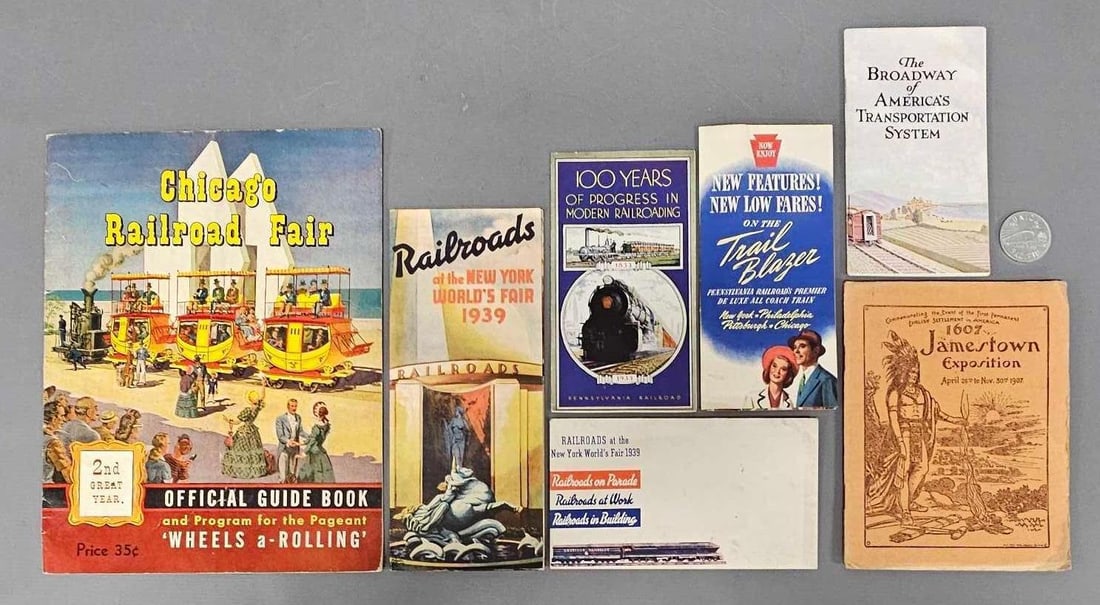 Group of railroad ephemera items from 1933 1939 Worlds Fairs 1949 Railroad Fair 1907 Exposition (1 of 6)