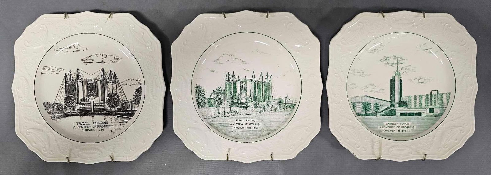 Group of three souvenir plates from 1933-1934 Chicago Worlds Fair building images (1 of 7)