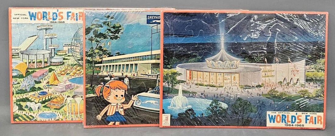 Set of three puzzles from1964-1965 New York World's Fair: Set of three puzzles from 1964-1965 New York Worlds Fair in original cellophane in excellent to near mint condition as seen in the photos. There is one with great Greyhound advertising in it.