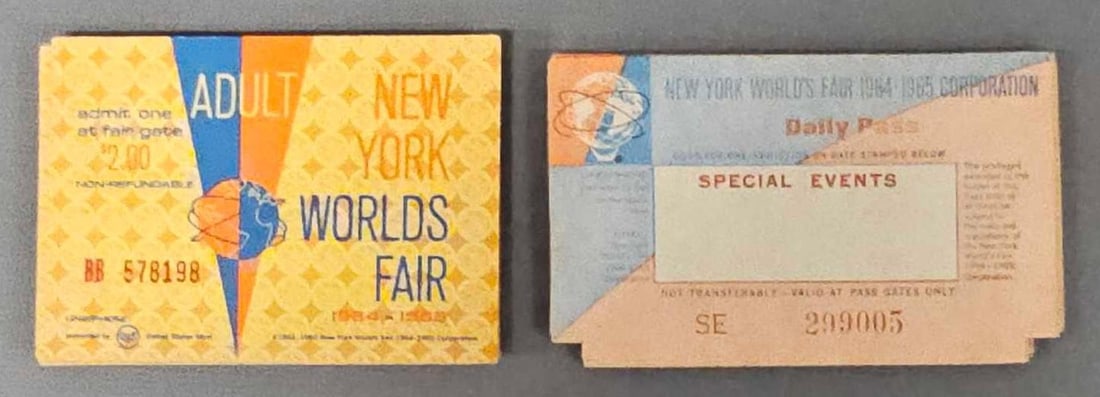 Group of admission tickets from the 1964-1965 New York World's Fair: Group of admission tickets from the 1964-1965 New York Worlds Fair consisting of fourteen fair gate admission tickets and six special events tickets in very good to excellent condition as seen in the 