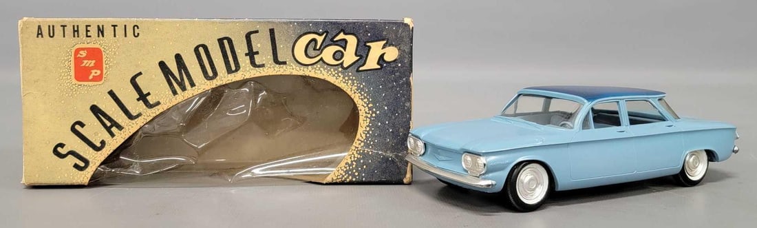 1960 Chevy Corvair coaster promo car in original box: 1960 Chevy Corvair coaster promo car in original box, two tone blue, near mint in a very good original box as seen in the photos.