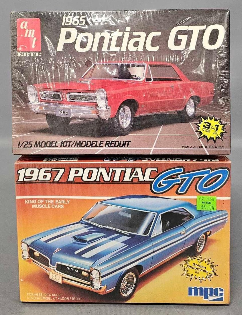 Two factory sealed Pontiac GTO 1/25 scale model kits 1965 1967: Two factory sealed Pontiac GTO 1/25 scale model kits to include AMT Ertl 1965 hardtop, stock number 6593 and MPC 1967 hardtop, stock number 0730, both in excellent to near mint original boxes as seen 