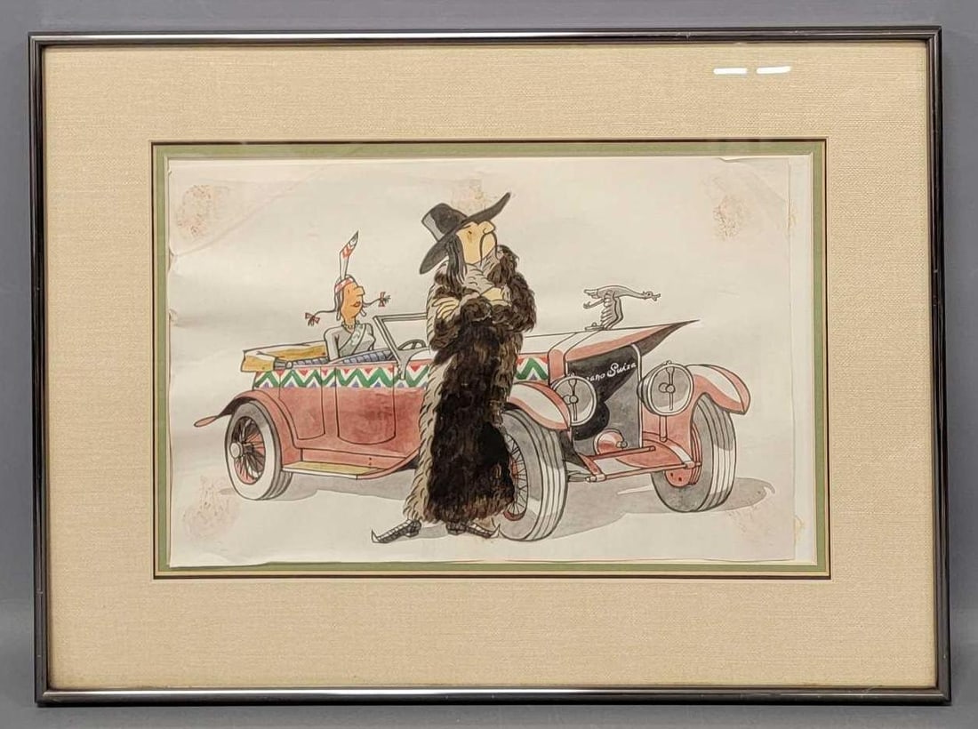 Framed Ralph Stein original Hispano Suiza caricature: Framed Ralph Stein original Hispano Suiza caricature, supposedly appears in Automobile Quarterly XVI No. 3. the frame measures 21 3/4 x 16 inches. The drawing is on vellum and is warped under the plex