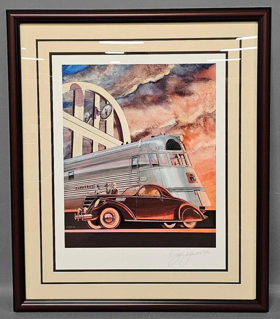 Professionally framed and signed Jack Juratovic Road and Track Giclee on watercolor 25/100: Professionally framed and signed Jack Juratovic Road and Track Giclee on watercolor paper 25/100, named Zephyr and Zephyr. A fantastic print depicting a Burlington Zephyr and a 1937 Lincoln Zephyr, pe
