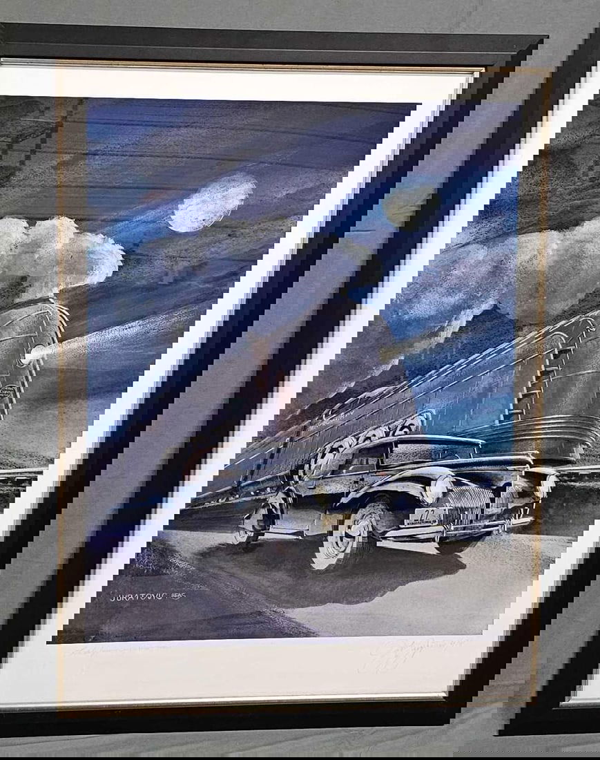 Professionally framed and signed Jack Juratovic Road and Track Night Train Custom Giclee: Professionally framed and signed Jack Juratovic Road and Track Custom Giclee named Lincoln / Mercury Night Train. Numbered 4 AP, the frame measures 52 x 40 1/4 inches.