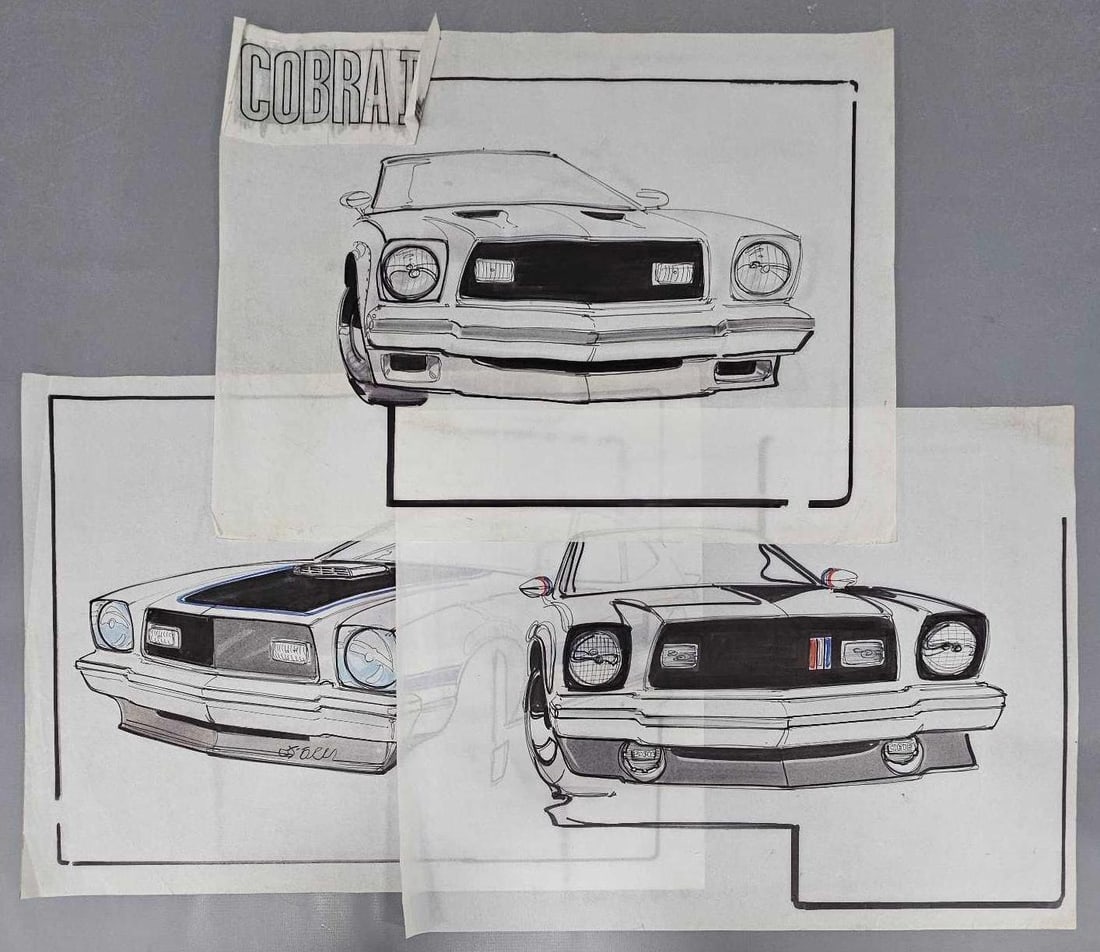 Three original Mustang Cobra II sketches on vellum by Jack Juratovic BORT: Three original Mustang Cobra II sketches on vellum by Jack Juratovic, co-owner of BORT. Each is a little different in terms of grille, lights, etc. The sheets of paper measure 22 x 16 3/4 inches and a