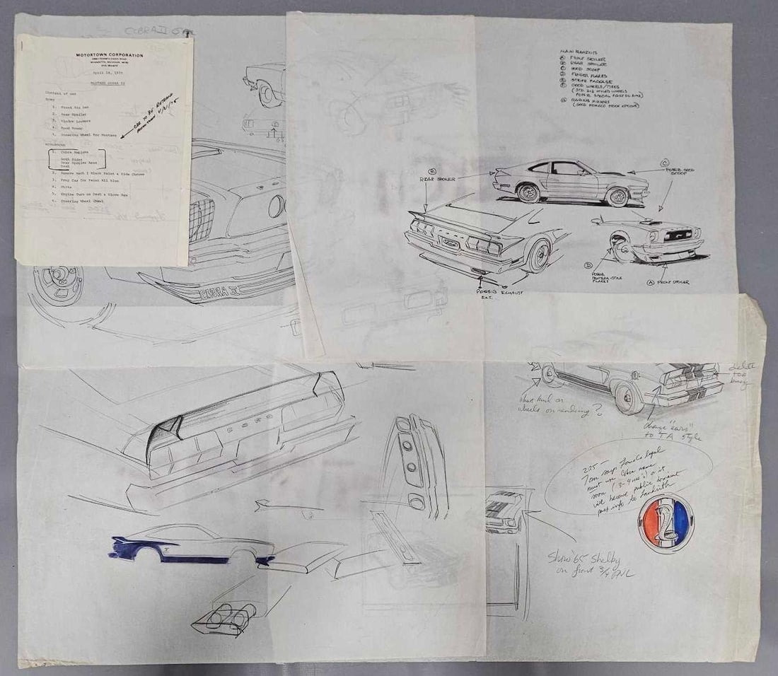 Four original Mustang Cobra II sketches on vellum by Jack Juratovic BORT: Four original Mustang Cobra II add-on feature sketches on vellum by Jack Juratovic, co-owner of BORT. The sketches include badge, front and rear spoiler, wires over the headlights, hood scoop, exhaust