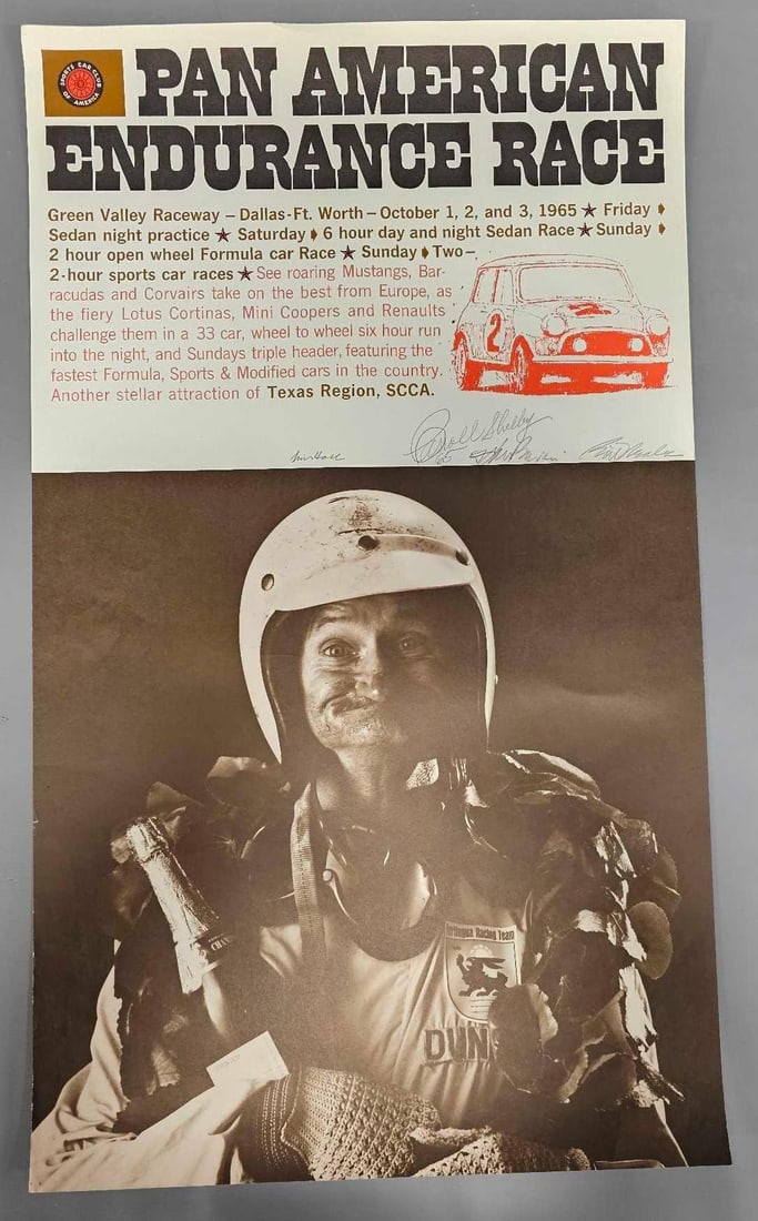 Carroll Shelby autographed 1965 Pan American Endurance race poster by Bill Neale: Carroll Shelby autographed 1965 Pan American Endurance race poster by Bill Neale, also autographed by Jim Hall and Bill Neale plus another that I cannot discern. The poster is in excellent plus condit