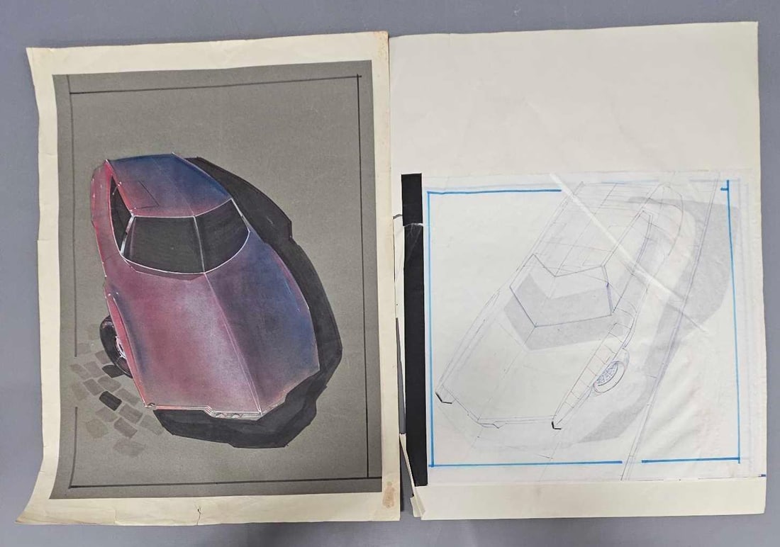 Jack Juratovic futuristic car rendering and sketch: Jack Juratovic futuristic car rendering and sketch, very similar to one of the cars from the previous three lots, this has one fully colored on gray colored paper plus a sketch on vellum as seen in th