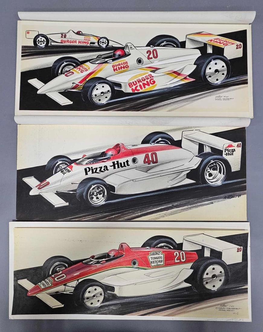 Three Indy 500 race car renderings by Wittin of Barnes Management Patrick Racing: Three Indy 500 race car renderings by Wittin of Barnes Management Patrick Racing, all with food advertisements on them to include Heinz Ketchup, Pizza Hut and Burger King. These are in excellent condi