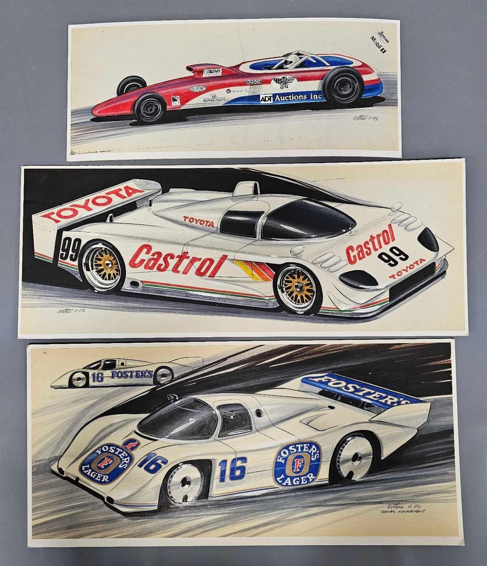 Three race car renderings by Wittin of Barnes Management Patrick Racing: Three race car renderings by Wittin of Barnes Management Patrick Racing, one looks more like a dragster with several different advertisements on it, then there are two European race cars, one with Fos