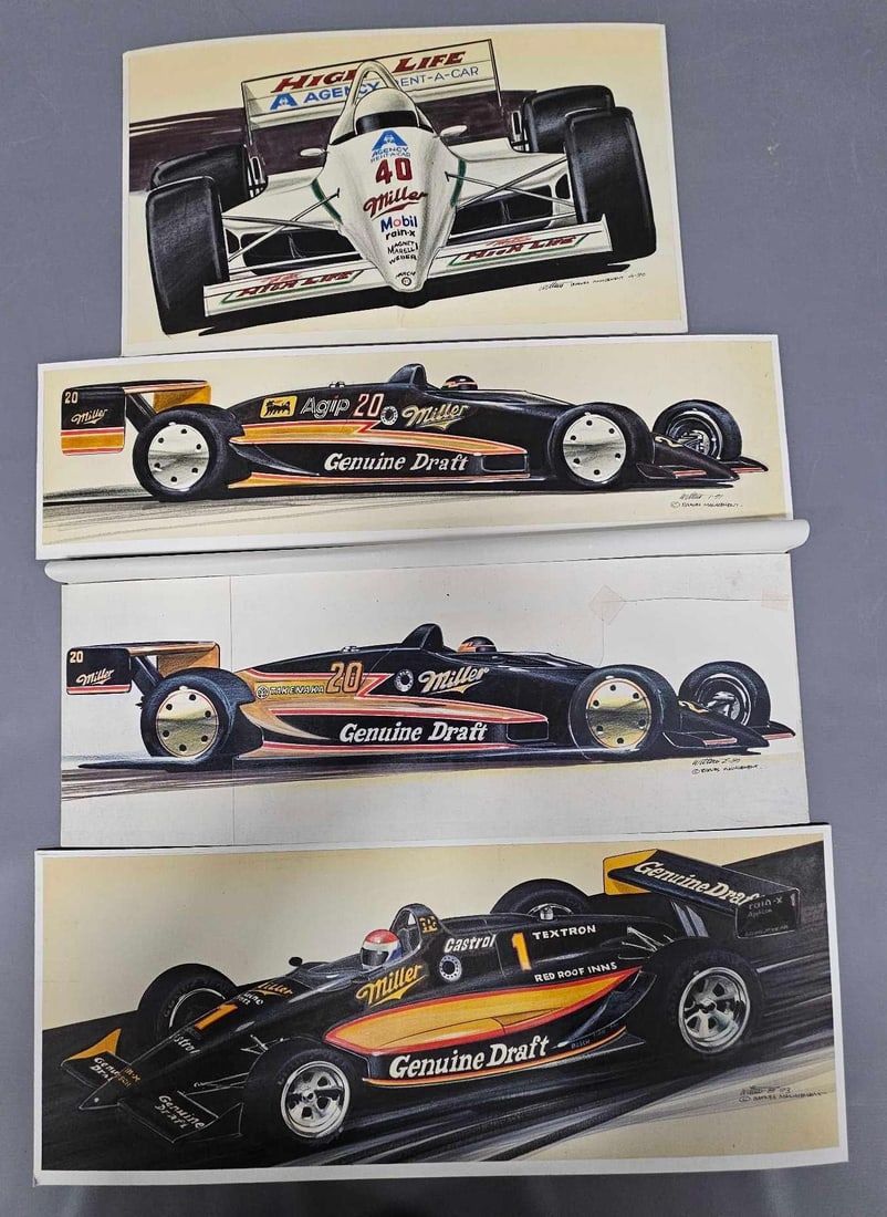 Four Indy 500 race car renderings by Wittin of Barnes Management Patrick Racing: Four Indy 500 race car renderings by Wittin of Barnes Management Patrick Racing, three adorned with Miller Genuine Draft art and one with Miller High Life. The largest of the four measures 21 1/2 x 8 