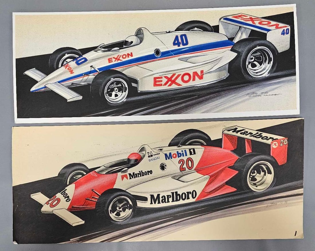 Two Indy 500 race car renderings by Wittin of Barnes Management Patrick Racing: Two Indy 500 race car renderings by Wittin of Barnes Management Patrick Racing, one is Marlboro and one is Exxon, both in nice shape, the largest measures 21 3/4 x 9 inches as seen in the photos.