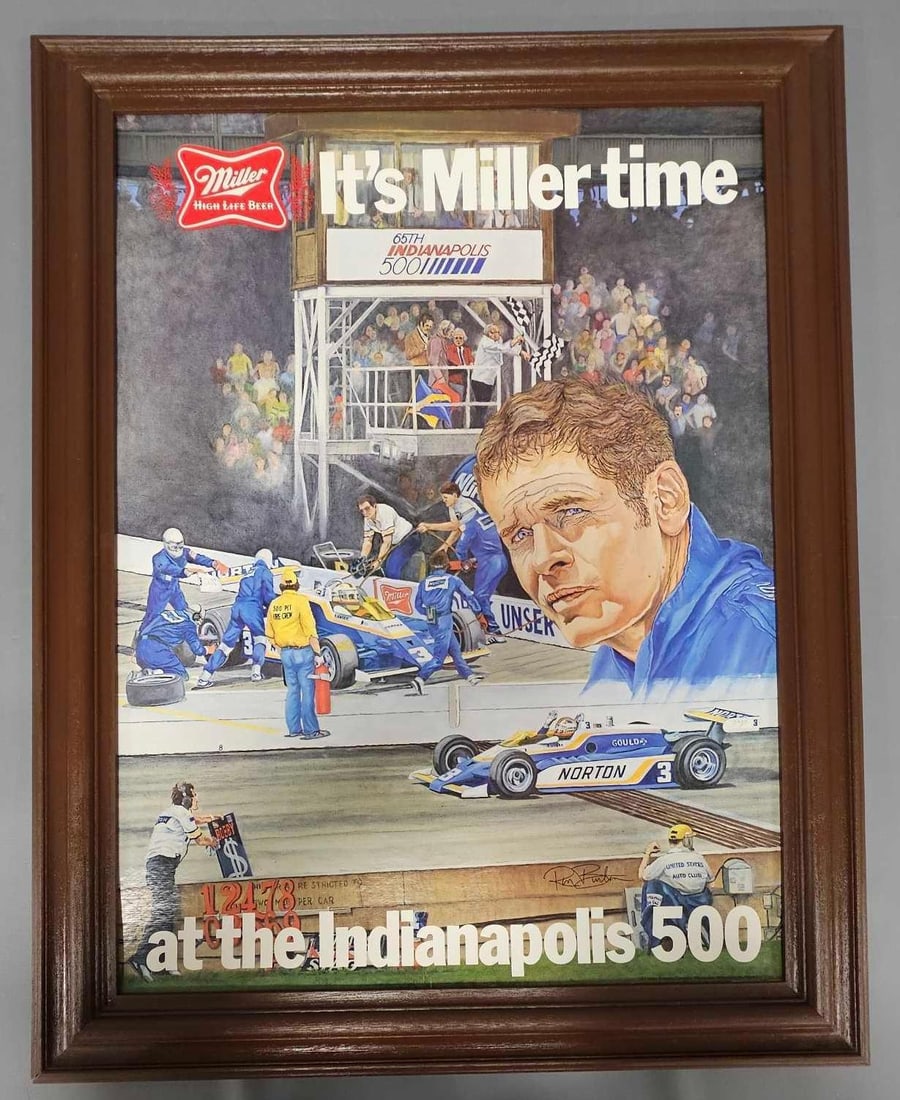 Miller Lite advertising racing poster for the 65th Indianapolis 500: Miller High Life advertising racing poster for the 65th Indianapolis 500. The poster is actually a print on cardboard in a wood grain plastic frame depicting Bobby Unser and his race team in excellent