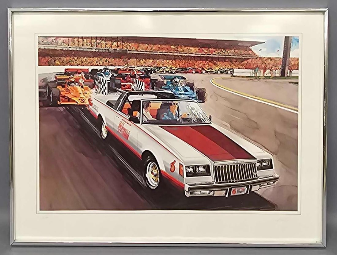 Framed 1981 Indianapolis 500 print with Buick Riviera pace car: Framed 1981 Indianapolis 500 print with Buick Riviera pace car, measures 24 1/4 x 18 1/4 inches. Jack Juratovic collection.