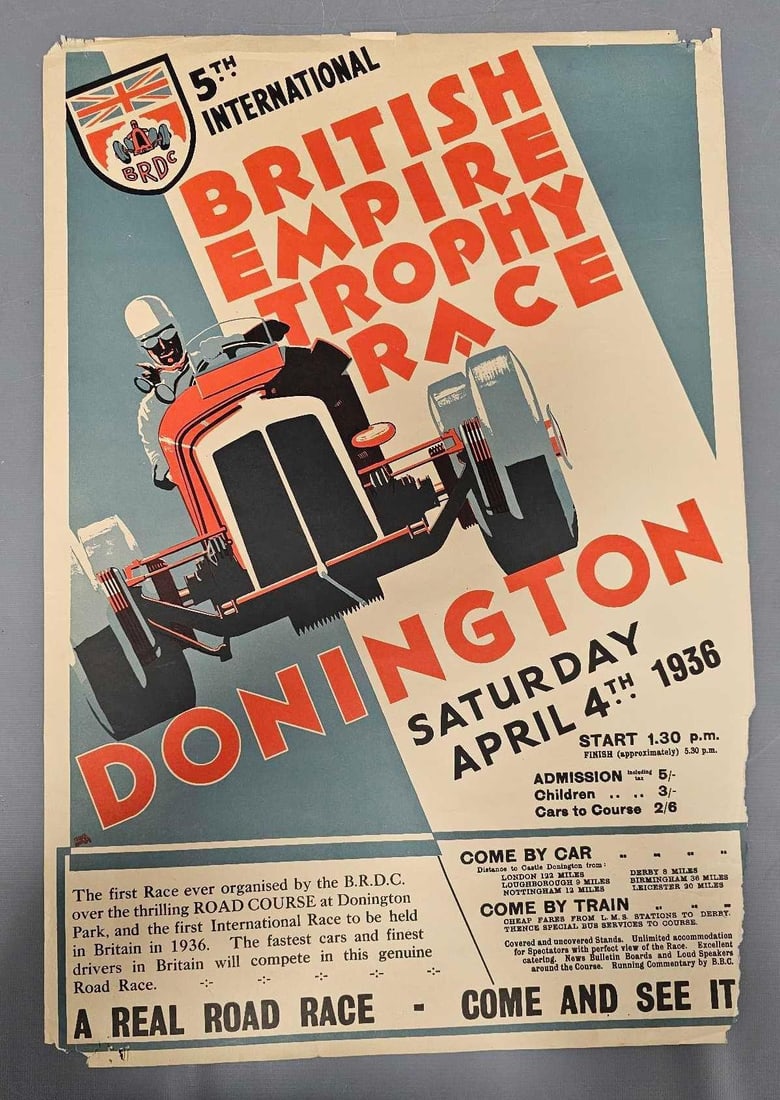 Vintage British Empire Trophy Race poster: Vintage British Empire Trophy Race poster lower right corner edge is torn measures 24 x 16 1/2 inches in good to very good condition as seen in the photos.