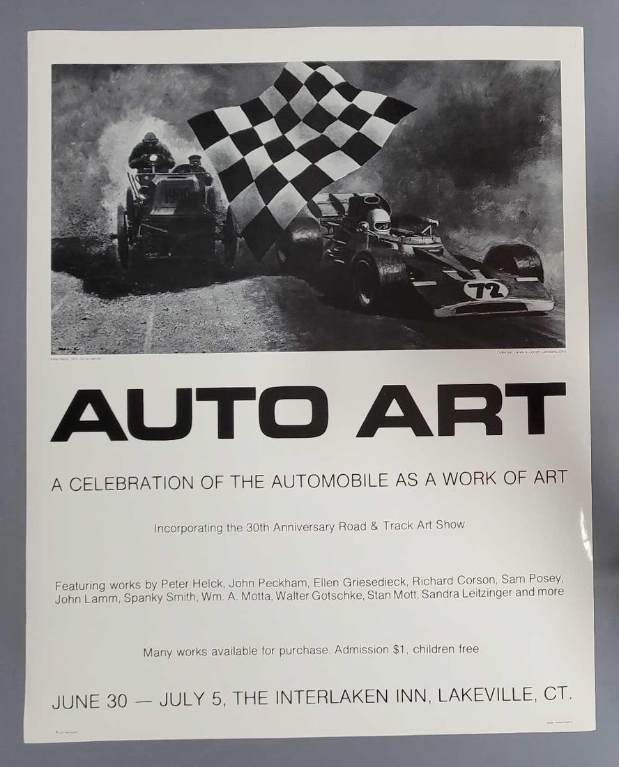 1979 Auto Art show poster with Peter Helck 1972 oil on canvas art: 1979 Auto Art show poster with Peter Helck 1972 oil on canvas art. A celebration of the automobile is a work of art. Incorporating the 30th anniversary Road and Track art show. Featuring works by Pete