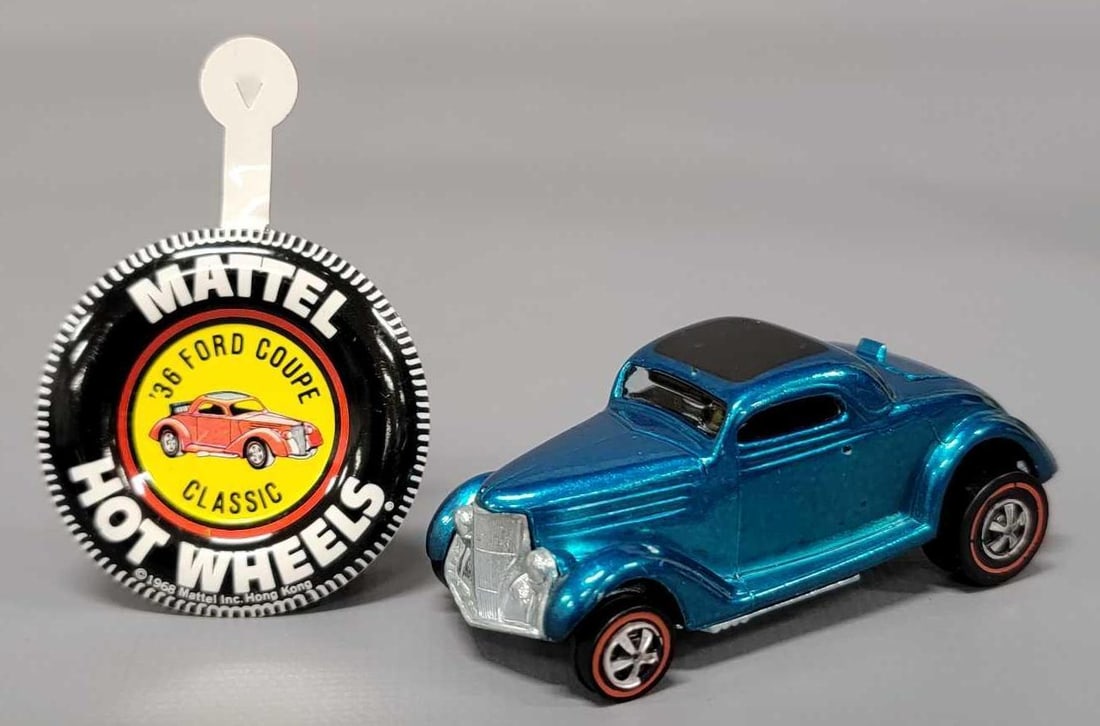 Redline Hot Wheels aqua Classic 36 Ford Coupe with button: Redline Hot Wheels aqua with dark interior Classic 36 Ford Coupe with button, car is in excellent plus condition with a few small paint chips, toning on passenger side and a very shiny base as seen in