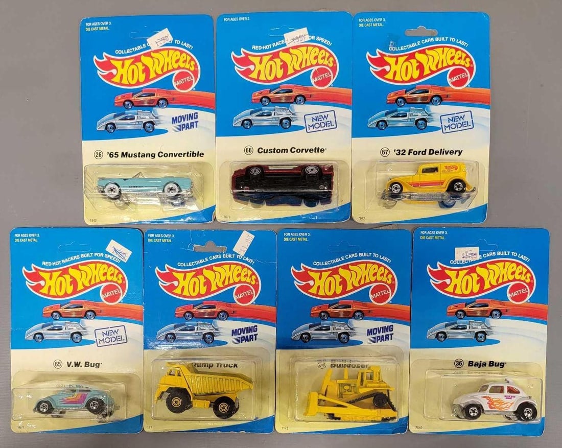 Group of seven 1980s Hot Wheels on experimental cards (1 of 5)