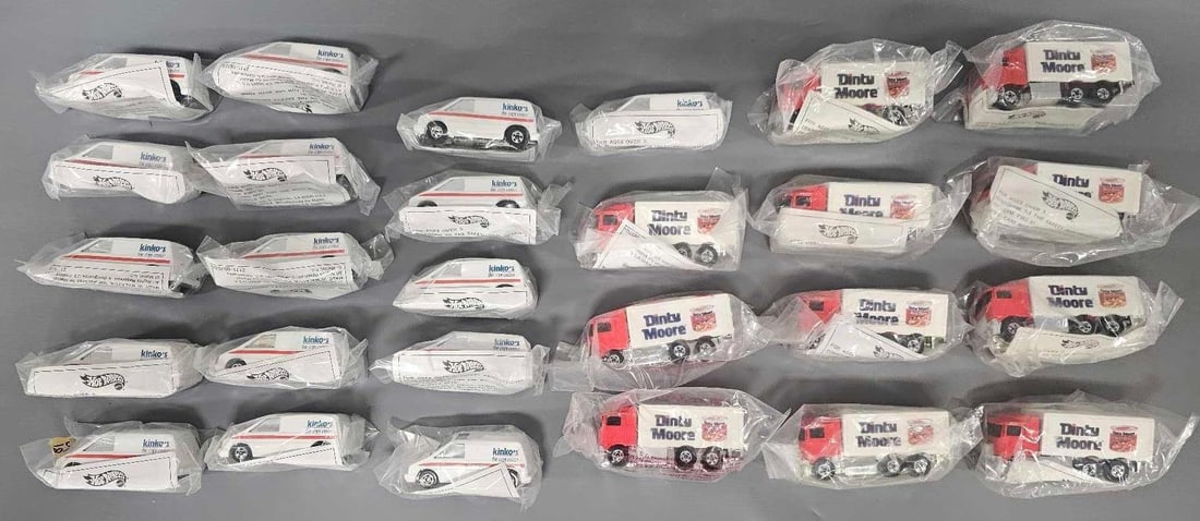 Group of twenty-seven Hot Wheels Dinty Moore and Kinkos mail away cars in sealed baggies: Group of twenty-seven Hot Wheels Dinty Moore and Kinkos mail away cars in sealed baggies, to include 11 Dinty Moore Hiway Haulers and 16 Kinko's Ford Aerostar vans, all cars are in near mint to mi