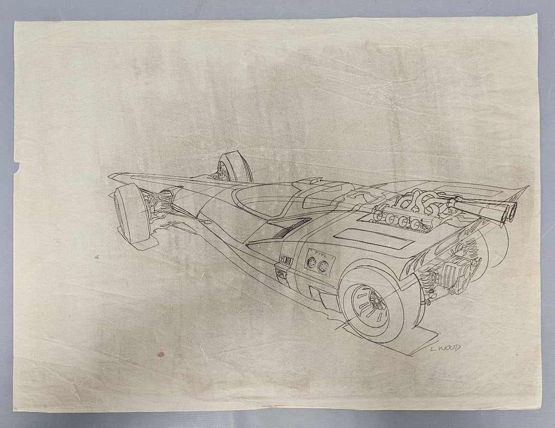 Large original Larry Wood pencil drawing or sketch of Ford GT on vellum (1 of 9)