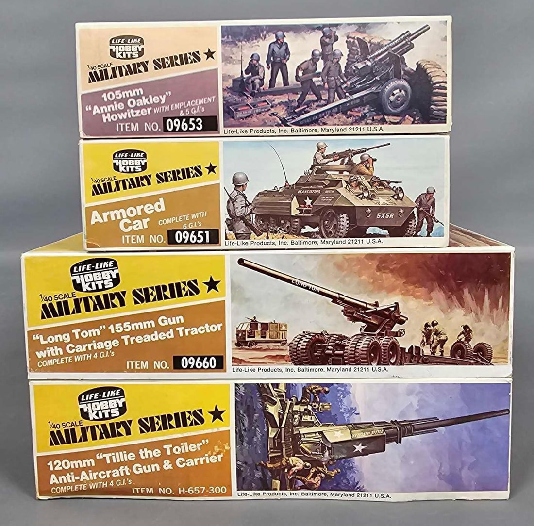 Group of Life Like Hobby Kits 1:40 kits 09653 09651 09660 657: Consists of four Life Like Hobby Kits 105mm Annie Okley Howitzer with 5 Gis kit stock number 19653, Armored Car with 6 Gis kit stock number 09651, Long Tom 155mm Gun with Carriage Treaded Tractor with