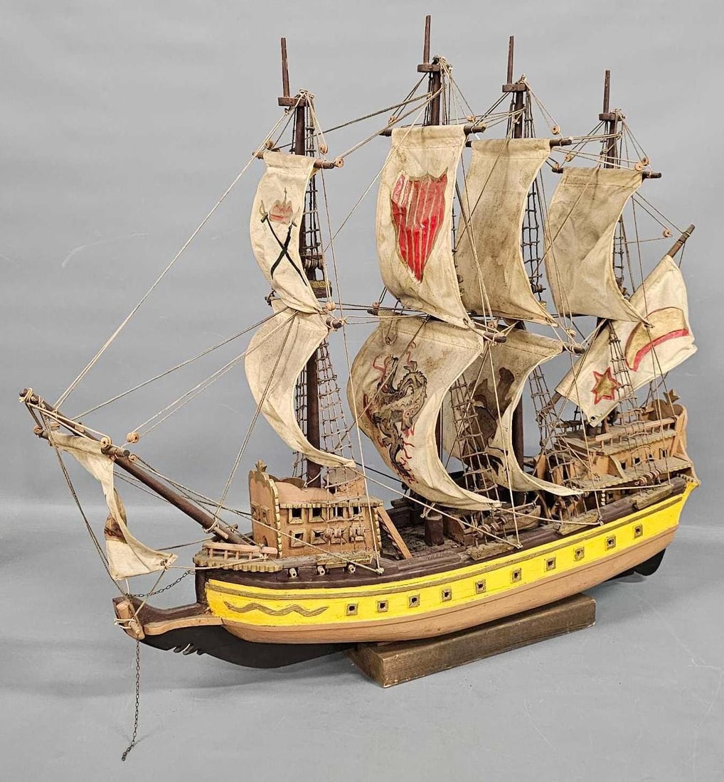 Vintage large wooden four mast ship: Vintage large wooden four mast tall ship measures 35 inches long x 29 inches tall including stand and is dusty due to being displayed in good condition as seen in the photos.