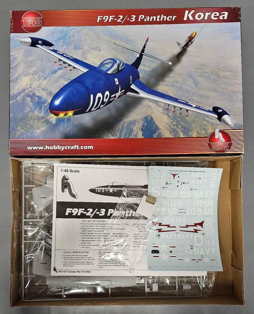 Hobby Craft 1:48 F9F-2/3 Panther kit HC1421: Hobby Craft 1:48 F9F-2/3 Panther kit stock number HC1421 This an open box, sealed bag kit with all parts accounted for and an original instruction sheet plus an interior kit that is still factory seal