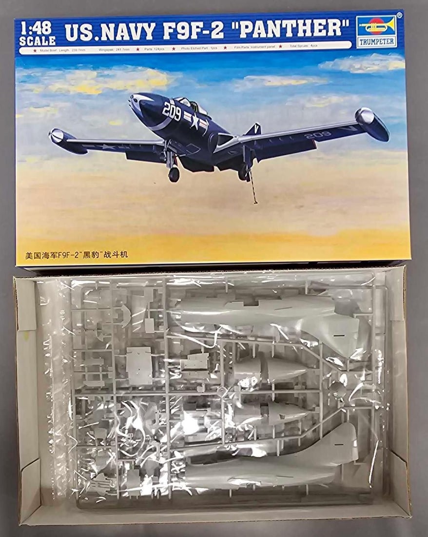 Trumpeter 1:48 US Navy F9F-2 Panther kit 02832: Trumpeter 1:48 US Navy F9F-2 Panther kit stock number 02832 This is an open box, sealed bag kit with all parts accounted for and an original instruction sheet mint as seen in the photos.
