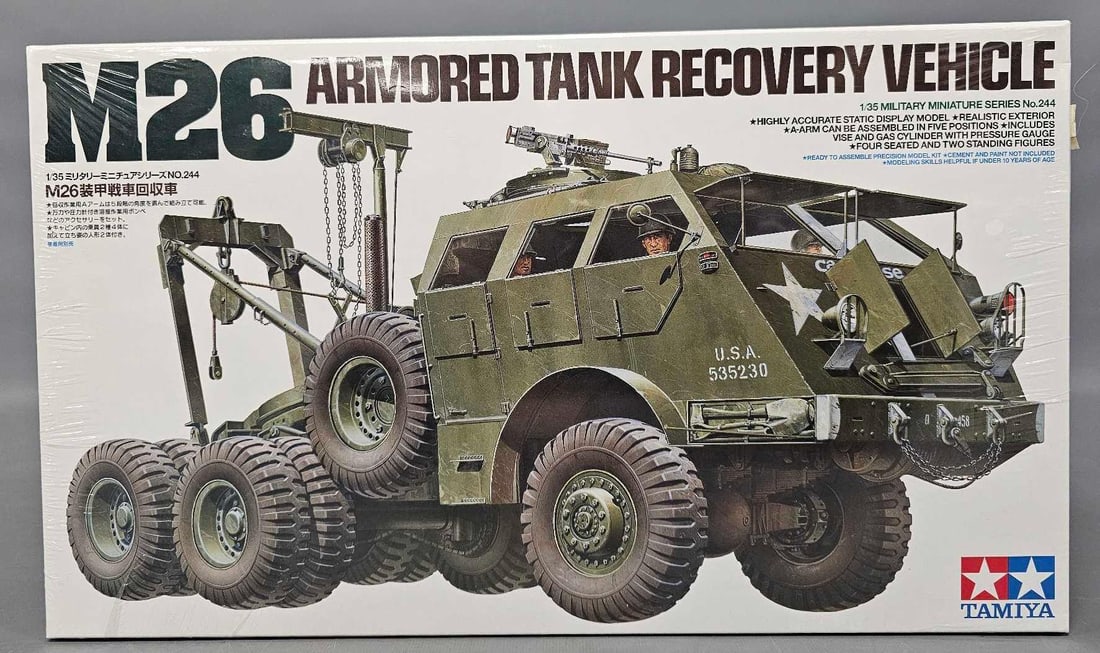 Factory sealed Tamiya 1:35 M26 Armored Tank Recovery Vehicle kit 5600: Factory sealed Tamiya 1:35 M26 Armored Tank Recovery Vehicle kit stock number 5600 mint as seen in the photos.