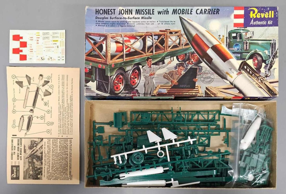 Revell Honest John Missile with Mobile Carrier kit 169: Revell Honest John Missile with Mobile Carrier kit stock number H-1821:169 This is an open box, sealed bag kit with all parts accounted for and an original instruction sheet Mint unbuilt as seen in th