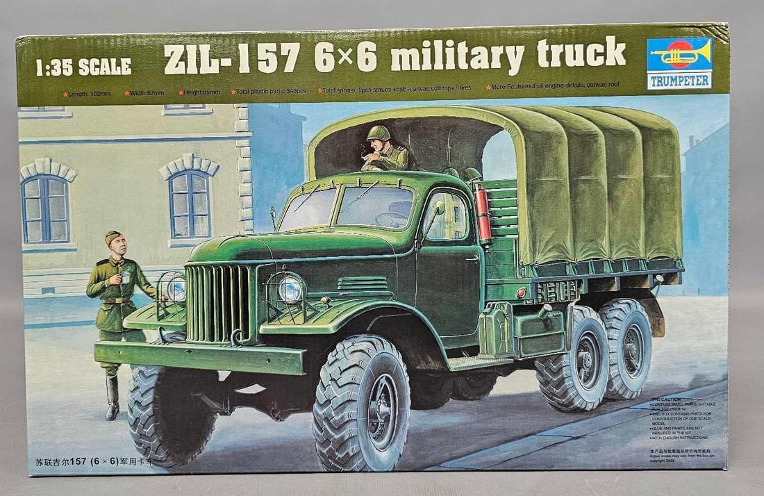 Trumpeter 1:35 ZIL 6X6 Military truck kit 01001: Trumpeter 1:35 ZIL 6X6 Military truck kit stock number 01001 This is an open box, sealed bag kit with all parts accounted for and an original instruction sheet mint as seen in the photos.