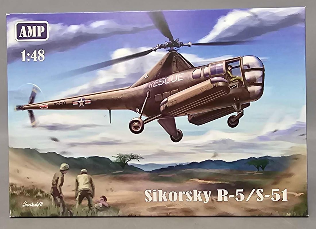 AMP 1:48 Sikorsky R-5/S-51 kit 48002: AMP 1:48 Sikorsky R-5/S-51 kit stock number 48002 This is an open box, sealed bag kit with all parts accounted for and an original instruction sheet mint as seen in the photos.
