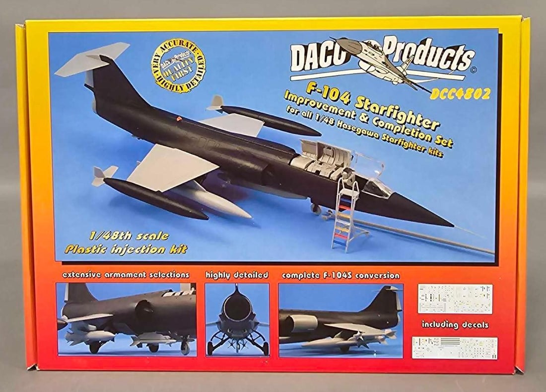 Daco 1:48 F-104 Starfighter Improvement and Completion Set kit 4802: Daco 1:48 F-104 Starfighter Improvement and Completion Set kit stock number DCC4802 This is an open box, sealed bag kit with all parts accounted for and an original instruction sheet mint as seen in t