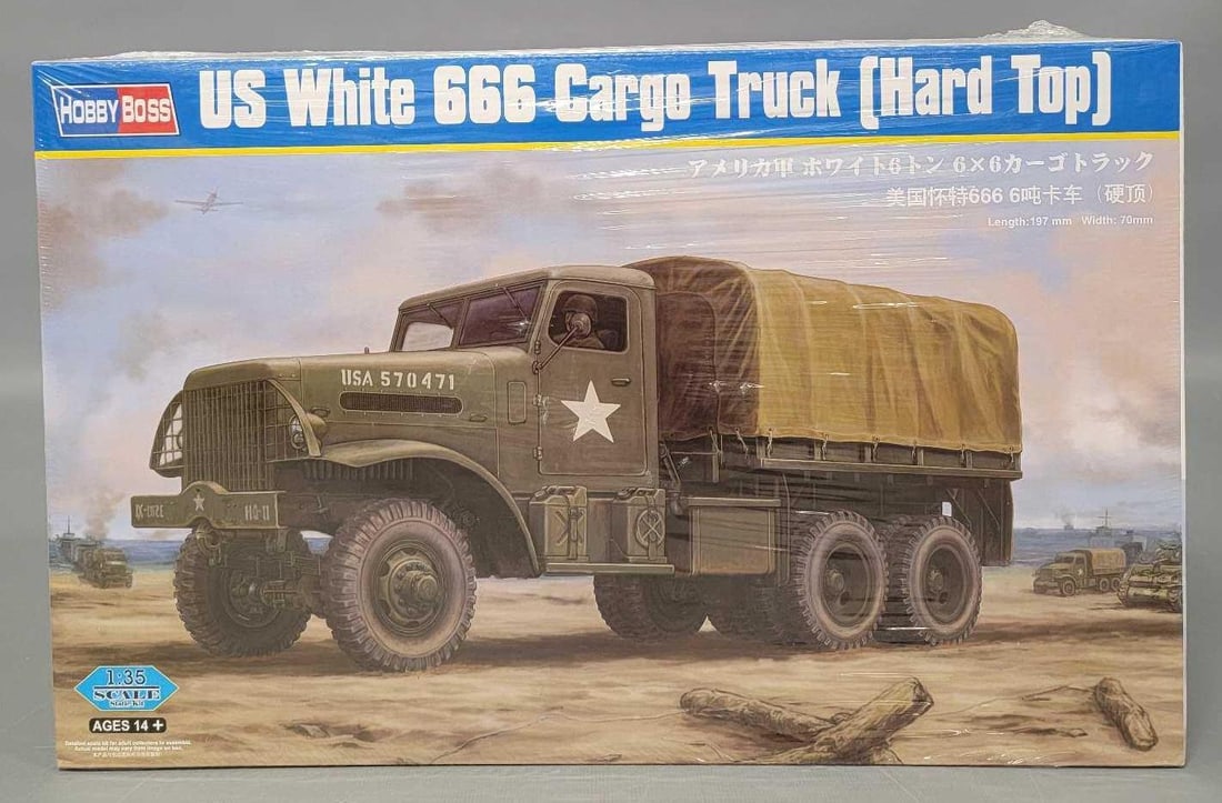 Factory sealed Hobby Boss 1:35 US White 666 Cargo Truck Hard top kit 83801: Factory sealed Hobby Boss 1:35 US White 666 Cargo Truck Hard top kit stock number 83801 mint as seen in the photos.